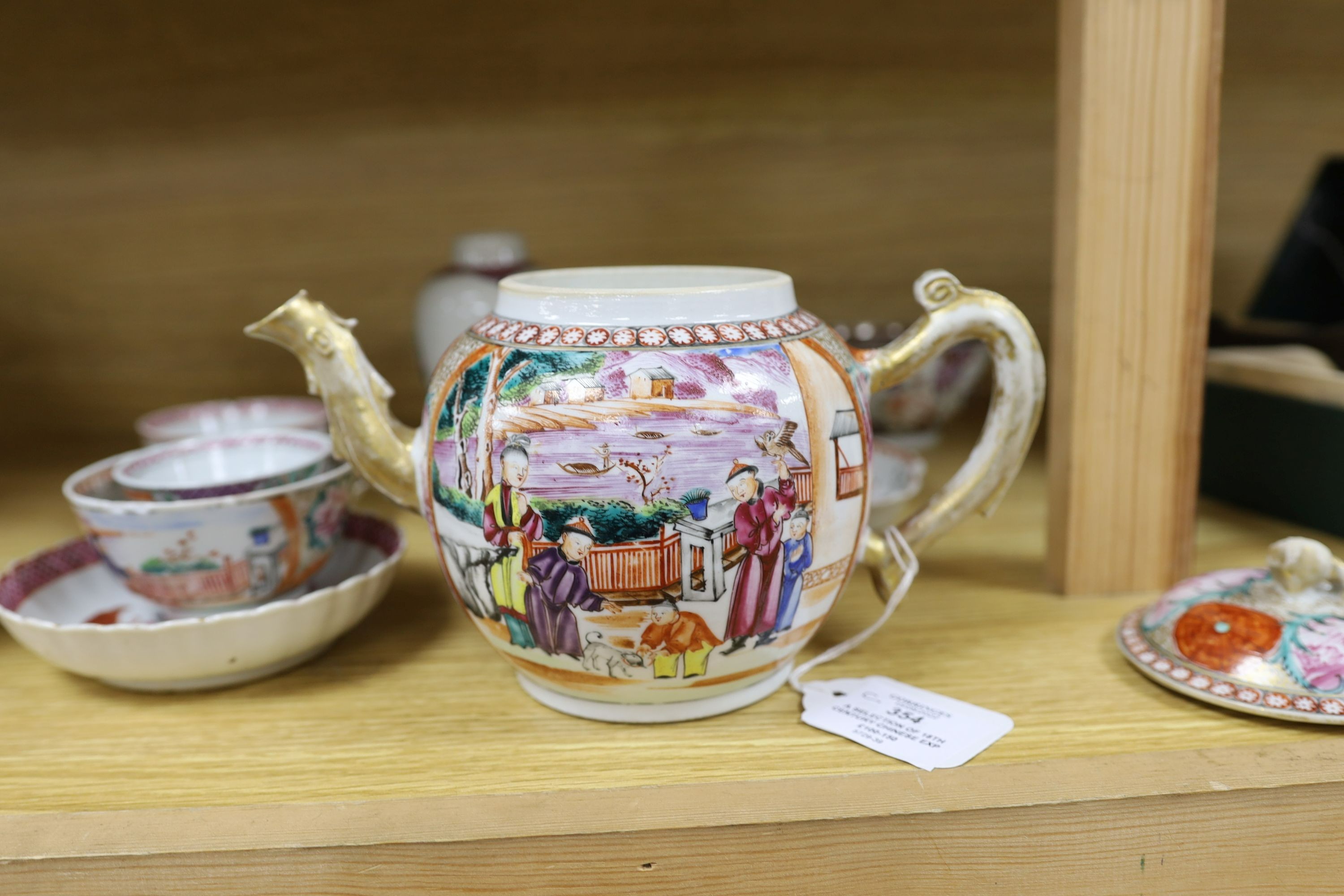 A selection of 18th century Chinese export wares, to include a teapot, tea bowls, saucers etc., some matching, tallest 16cm, (10)